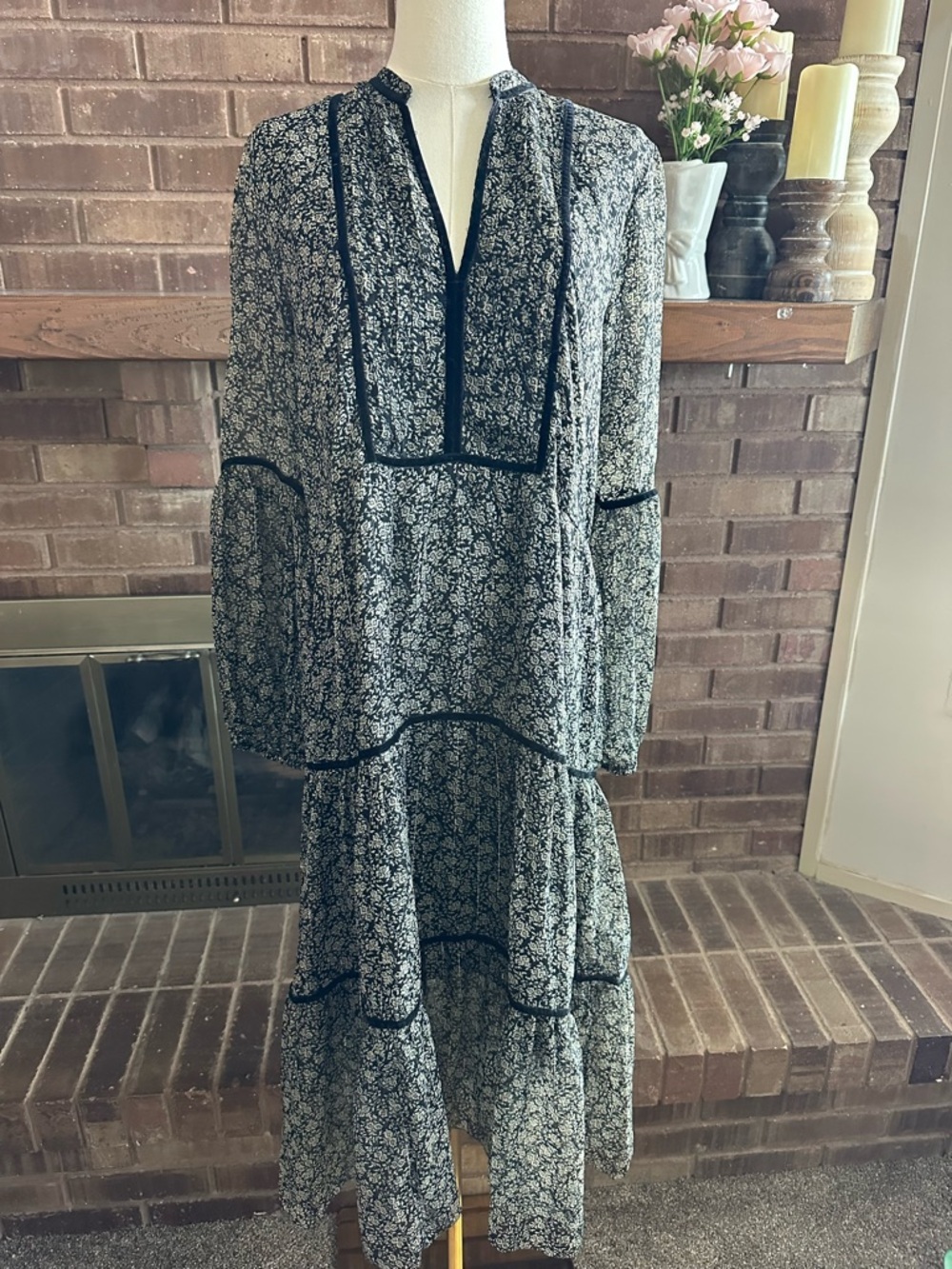 Lucky Brand Boho Chiffon Velvet Trim Midi Dress Small